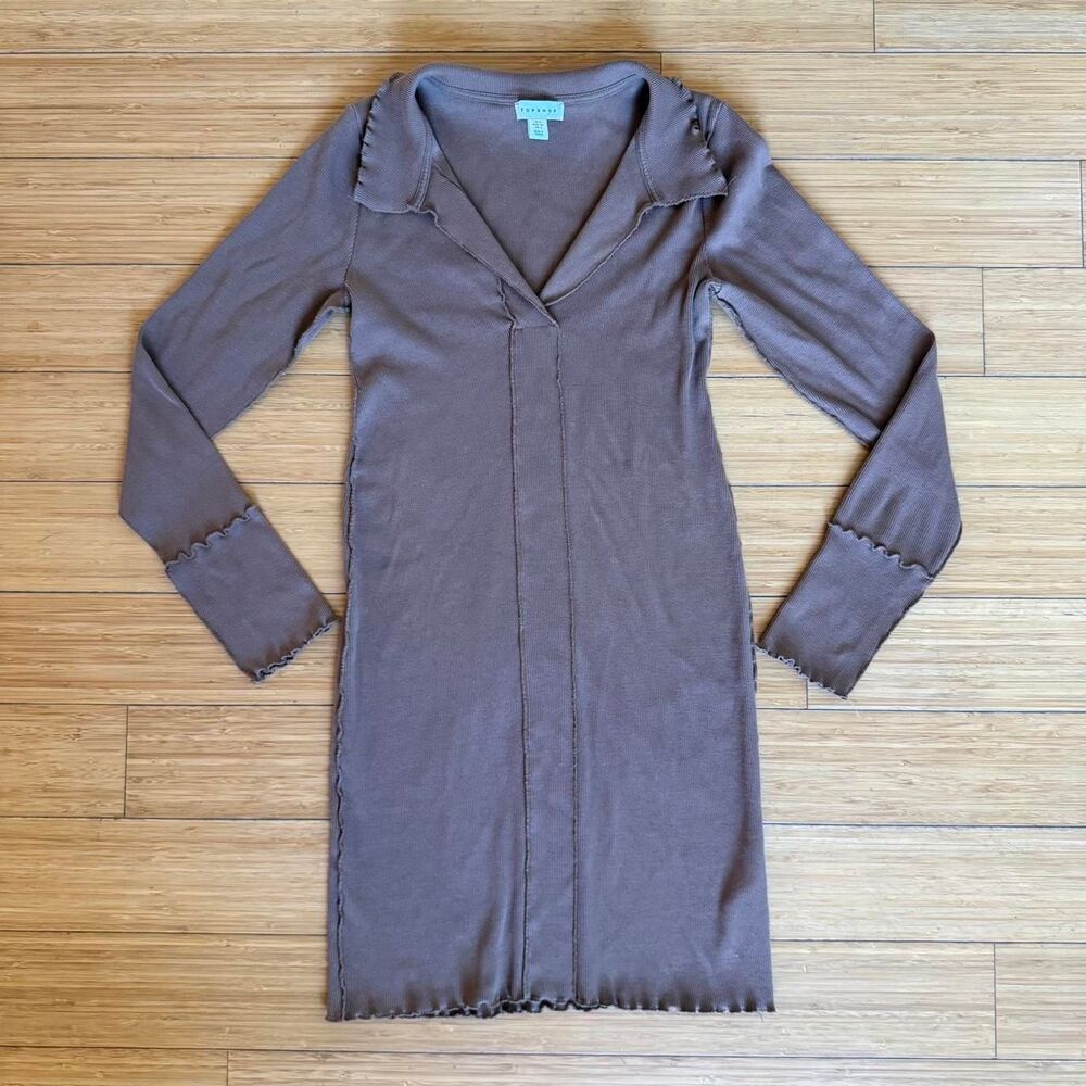 Topshop Brown Ribbed Mini Dress Size 4 Fitted V Neck Fall Holiday Thanksgiving